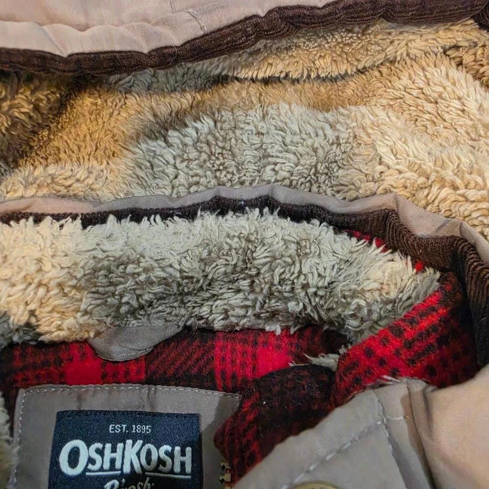 OshKosh B'gosh Parka Jacket Boys 6 Tan Flannel Lined Hooded Excellent B216JS2-SA